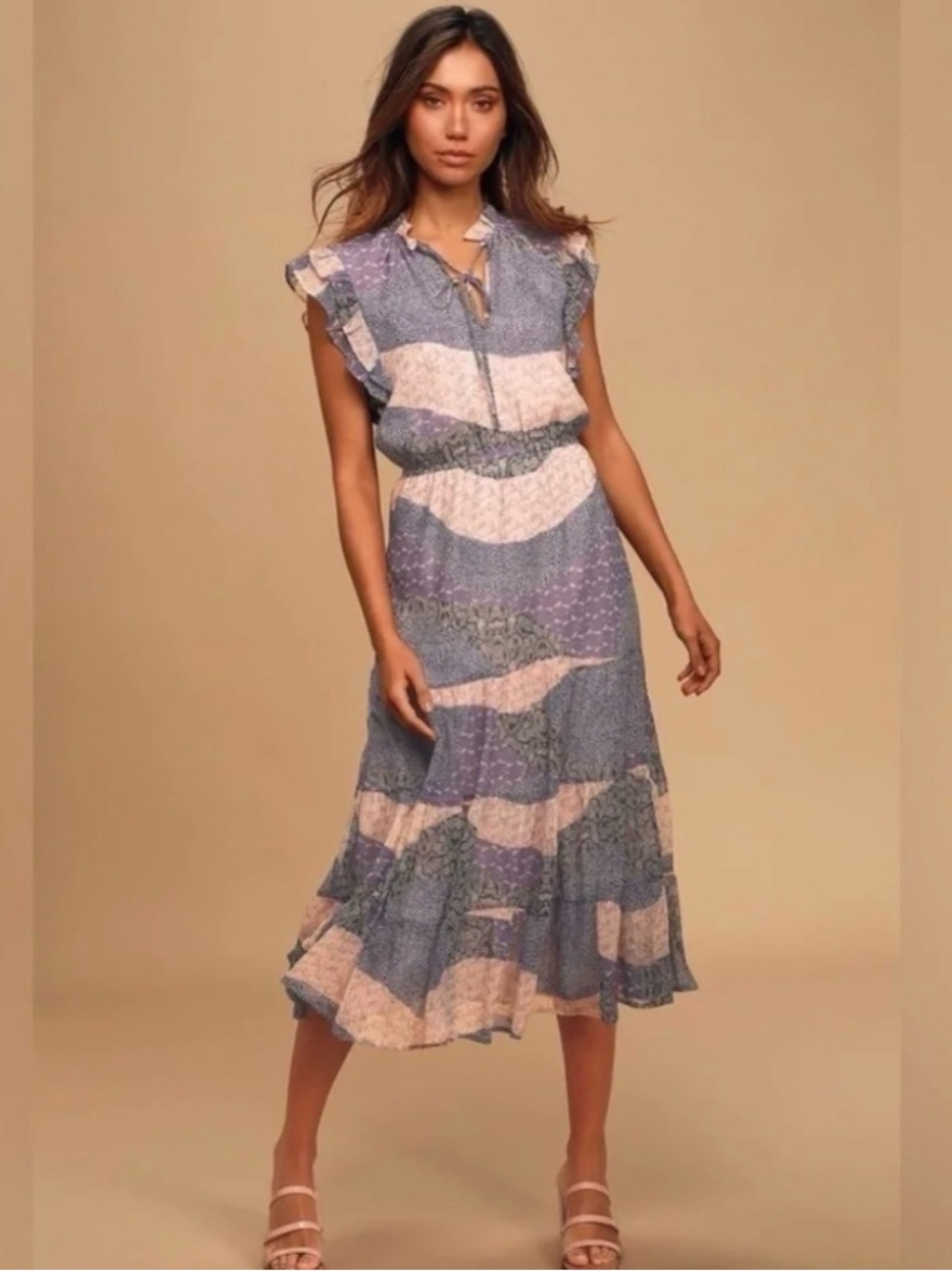 Jack by BB Dakota Blue and Cream Printed Midi Dress with Ruffle Sleeves